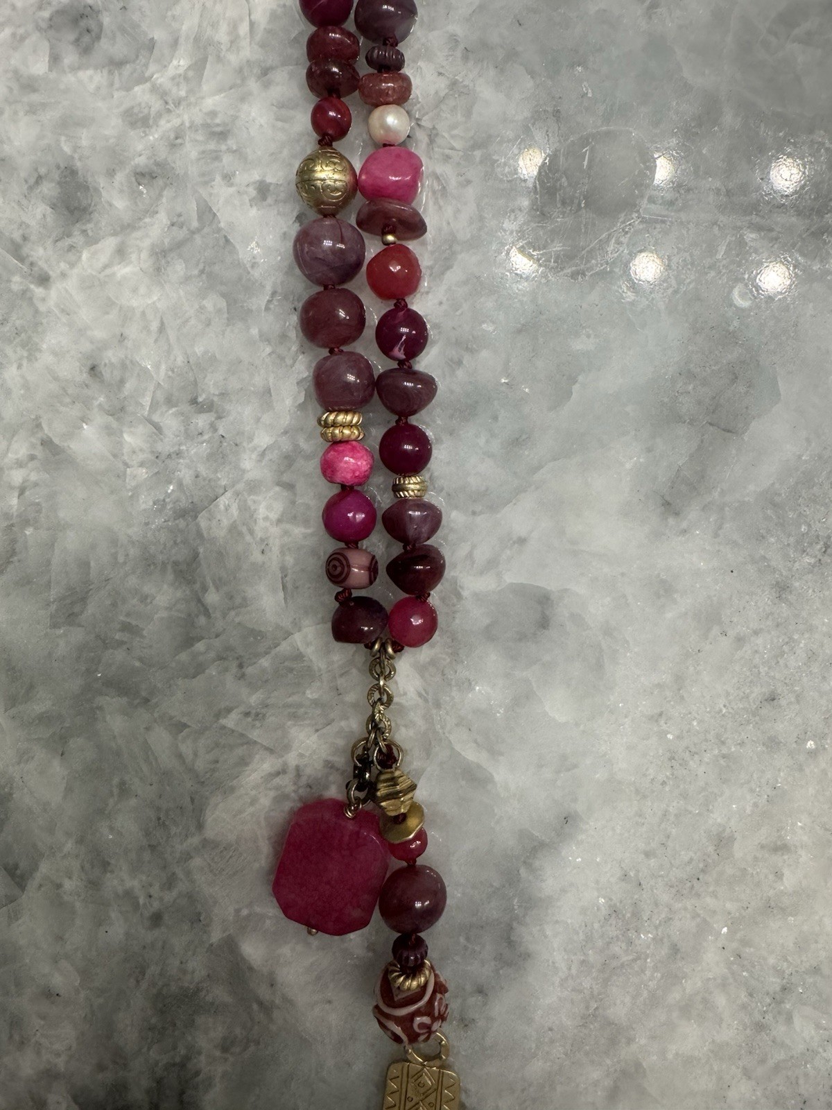 Chico’s Tibetan Style Pink Purple Beaded Gold Tone Chain With Dangle Pendant