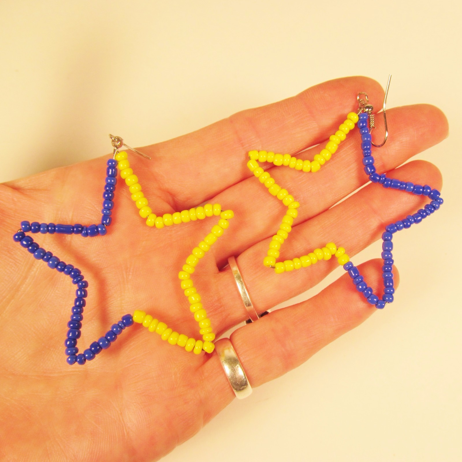 2″ Blue Yellow Star Shape Handmade Seed Bead Hook Dangle Hoop Earrings