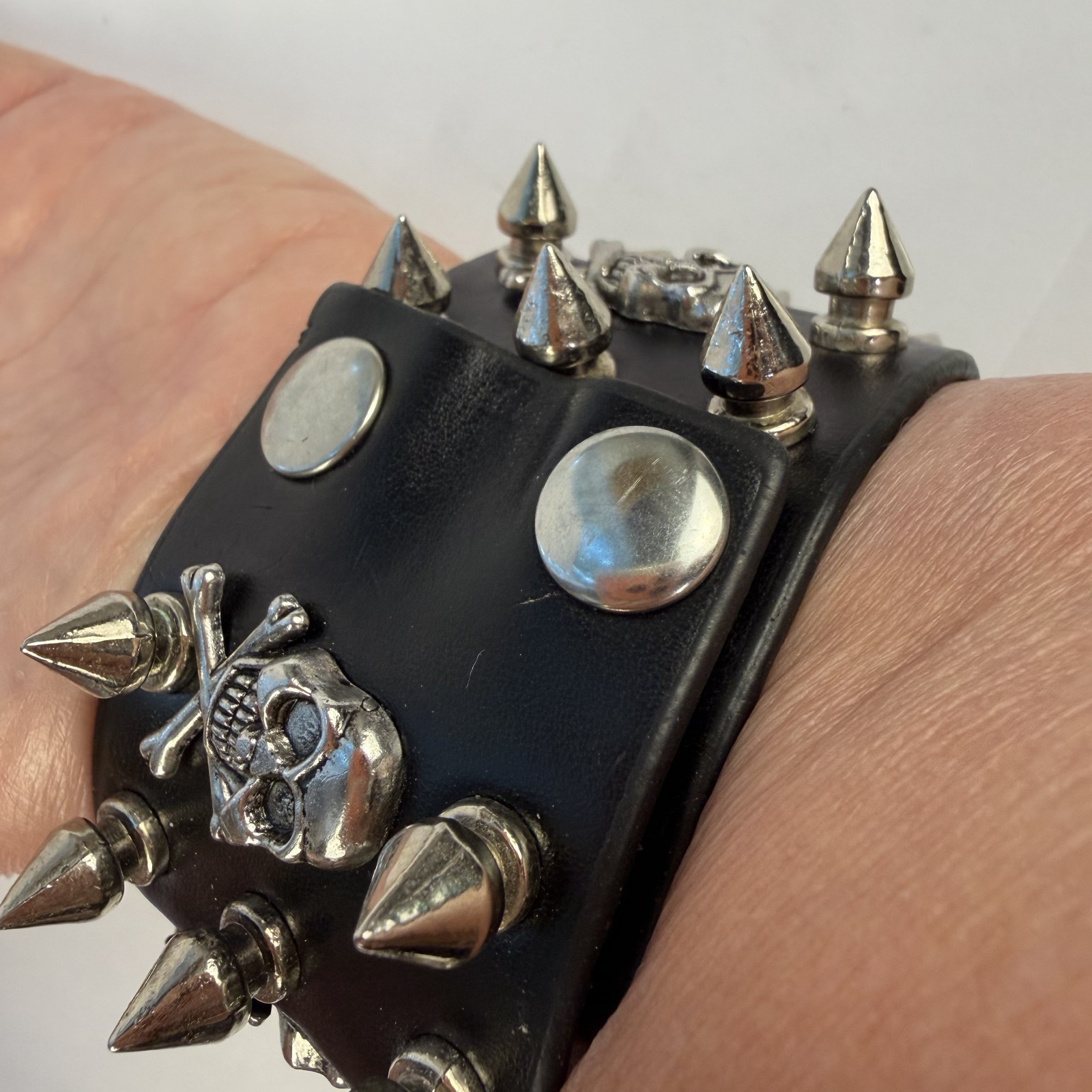 Black Leather Punk Silver Spikes & Skull Studs Gothic Wide 8 5/8 inch Bracelet