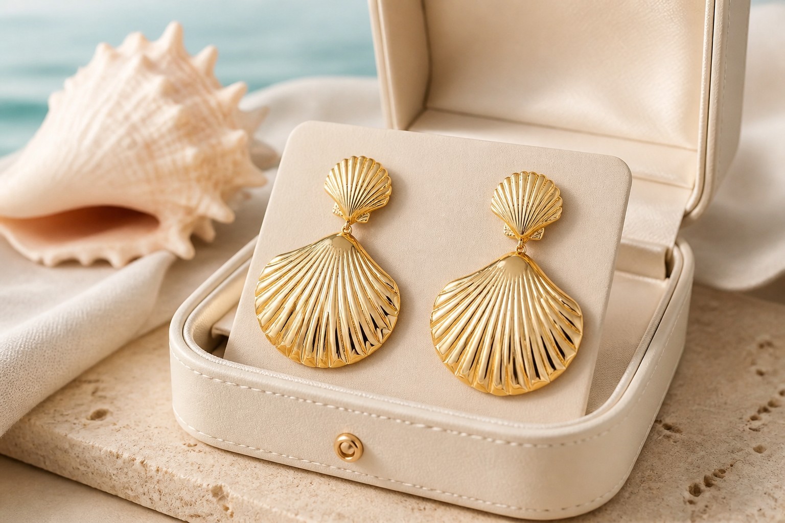 Gold Color Scallop Shell Statement Drop Earrings Boho Style