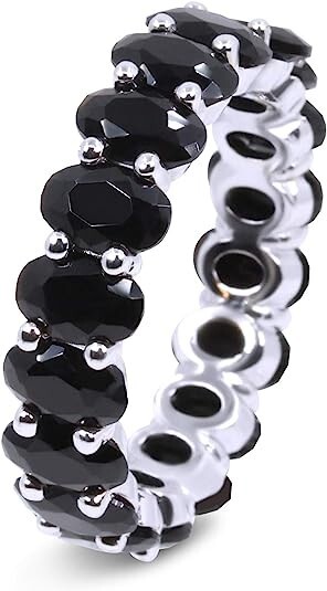 18k White Gold Plated Black Cubic Zirconia Oval Cut Eternity Ring Band For Women