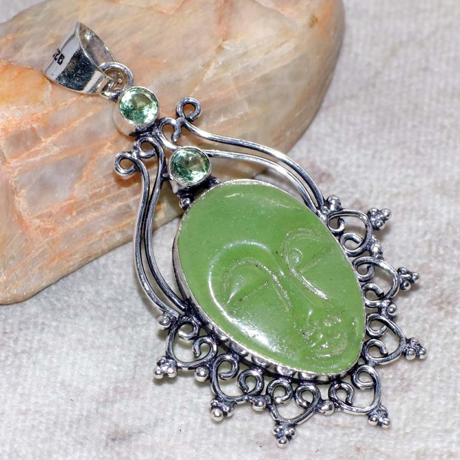 Carved Face Green Agate Tsavorite 925 Silver Plated Pendant 2.6″ Wedding Gift JW
