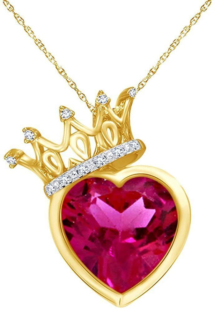Birthstone Crown Heart Pendant 14K Yellow Gold Plated 18″ Chain Necklace Gift