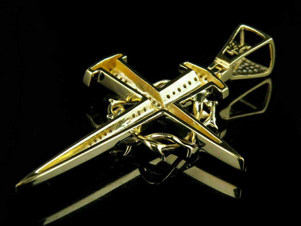 1.55Ct Simulated Diamond Charm Nail Cross Pendant 14K Yellow Gold Plated Silver