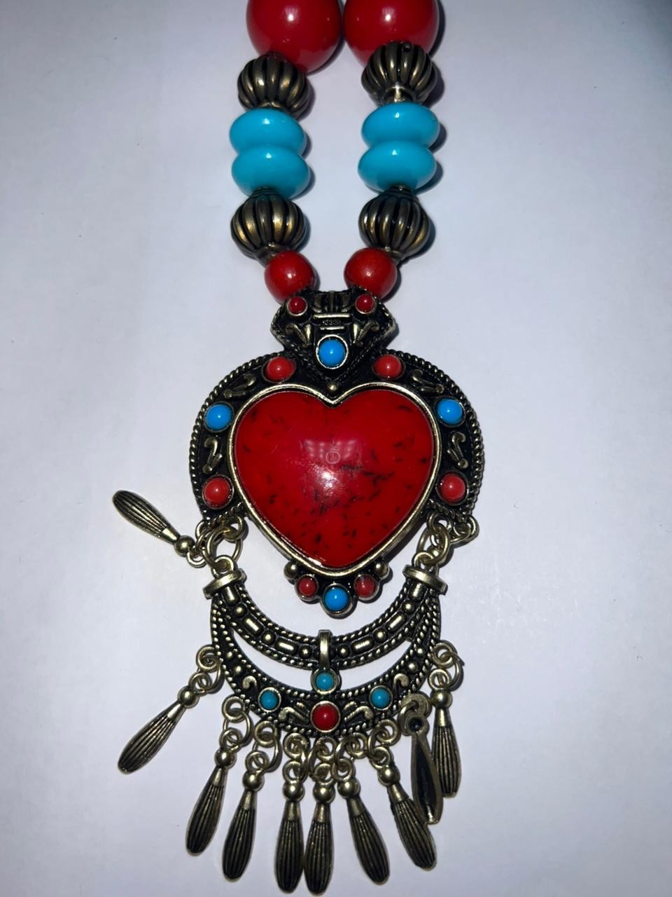 Vintage Tibetan Style Boho Statement Necklace Red Heart Pendant Ethnic Jewelry