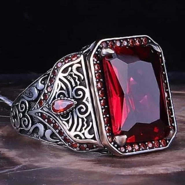Men Vintage Signet Ring Turkish Silver Tone Green Zircon Carved Biker Punk