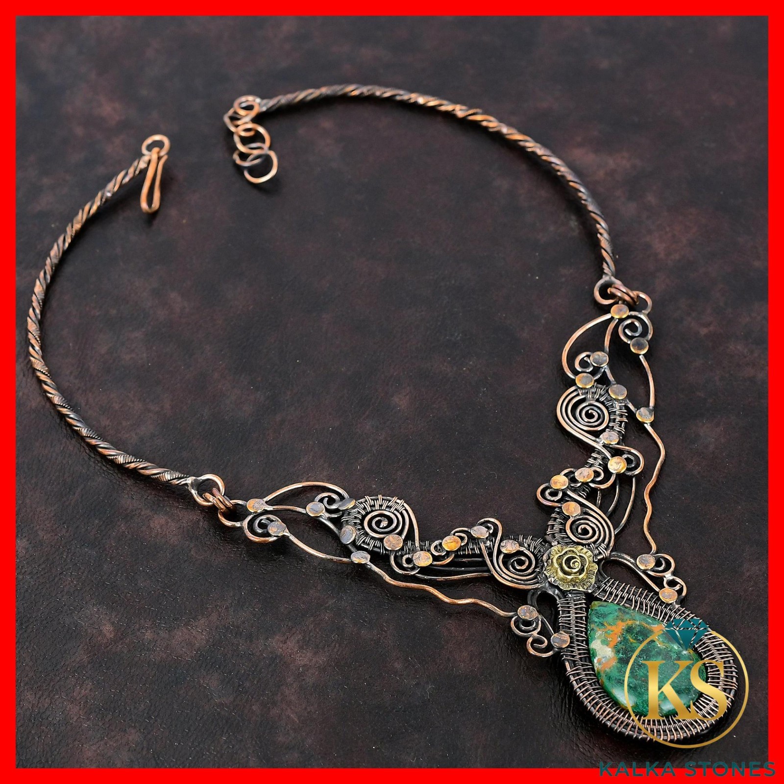 Copper Pear Cuprite Chrysocolla Gemstone New Chain Wire Wrapped Flower Necklace