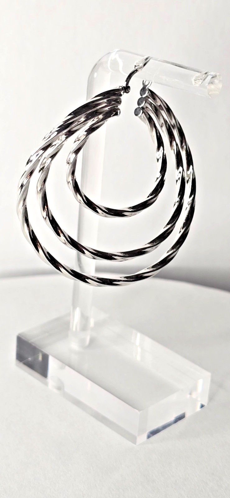Hoops Earrings Bold Platinum Plated Wavy Twisted Triple Circles, Hinged Closures