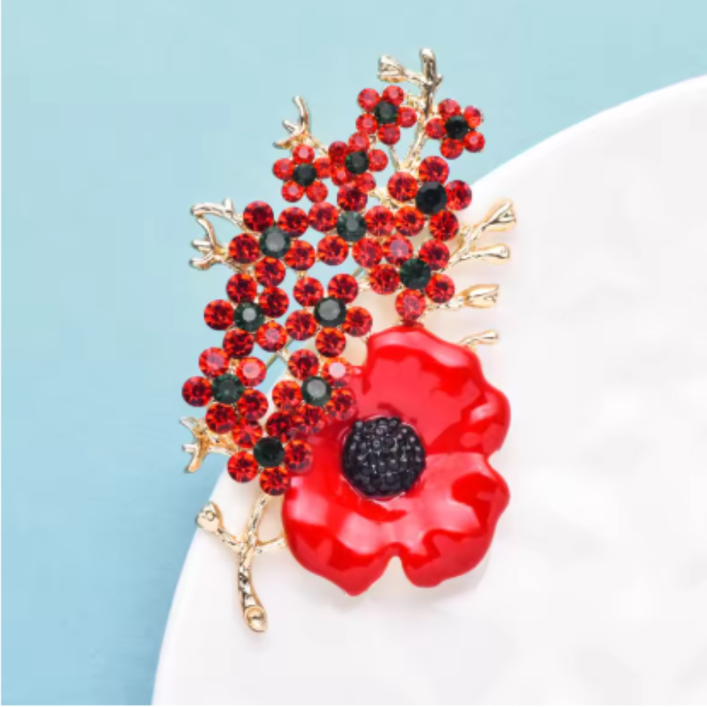 Beautiful Poppy Flowers Brooch Pin – Rhinestone Enamel Jewelry Gift USA