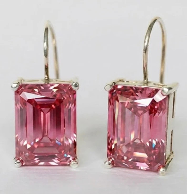925 Silver, Pink Diamond Dangler Earrings, 12 Ct Certified Treated – Great Shine