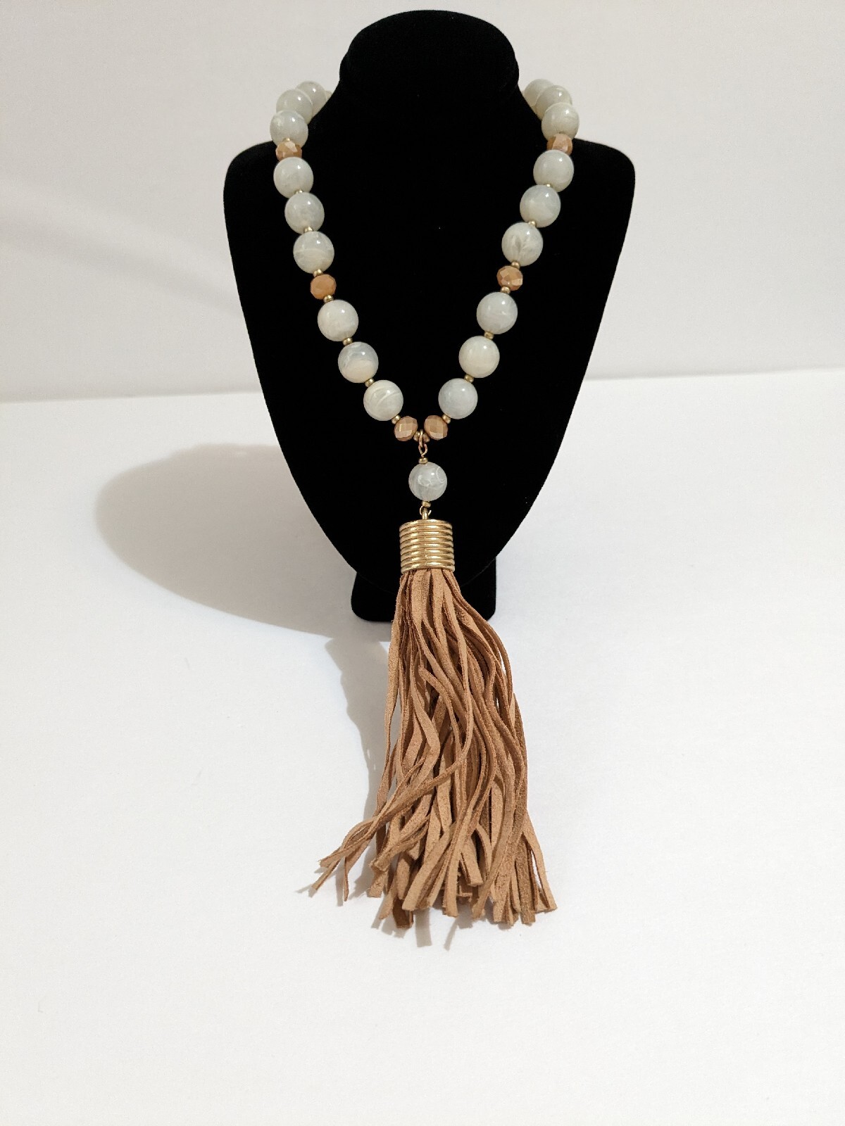 BOHO White Acrylic & Camel Color Glass Beaded Necklace & Faux Suede Tassel 34″.