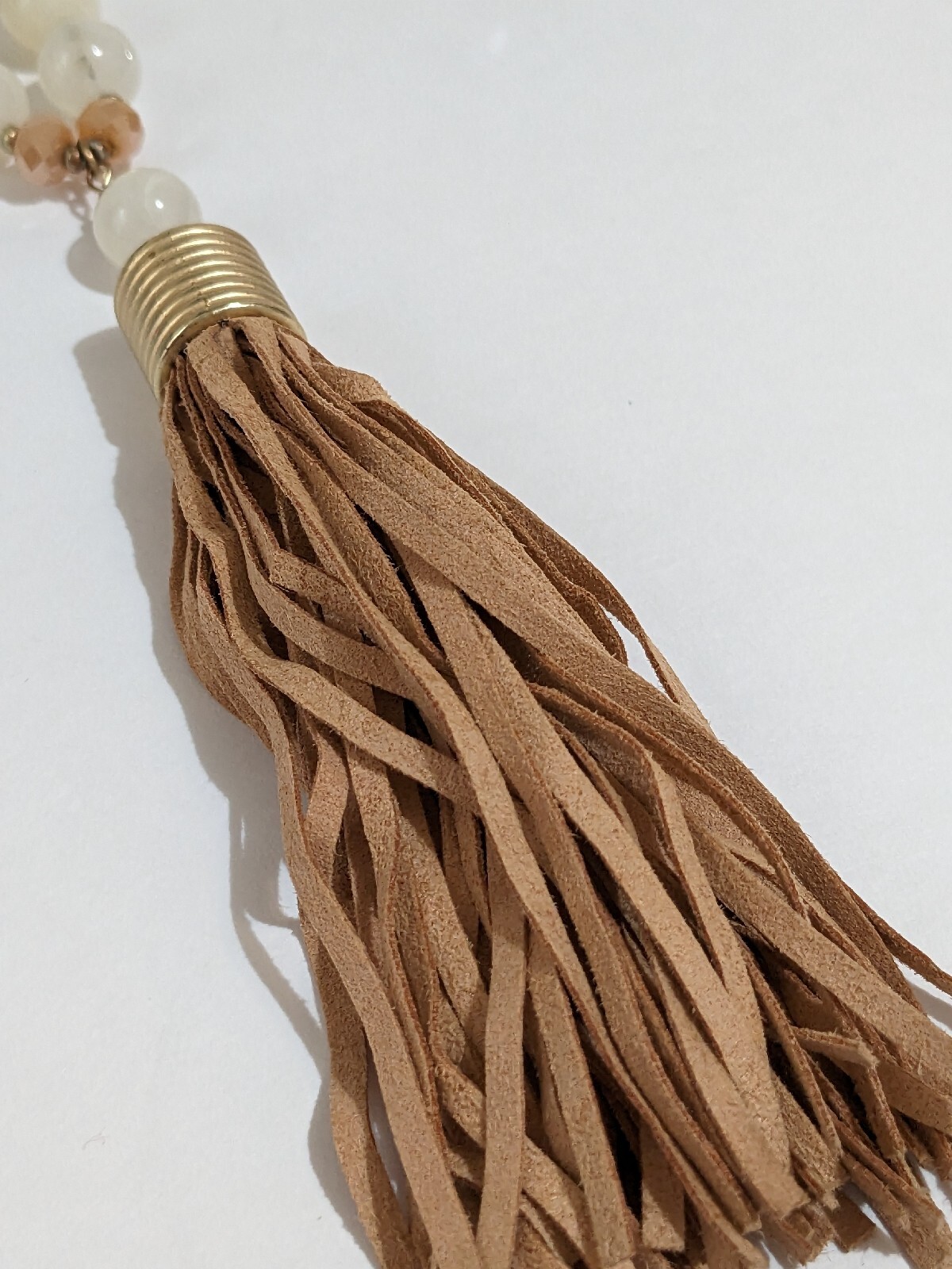 BOHO White Acrylic & Camel Color Glass Beaded Necklace & Faux Suede Tassel 34″.