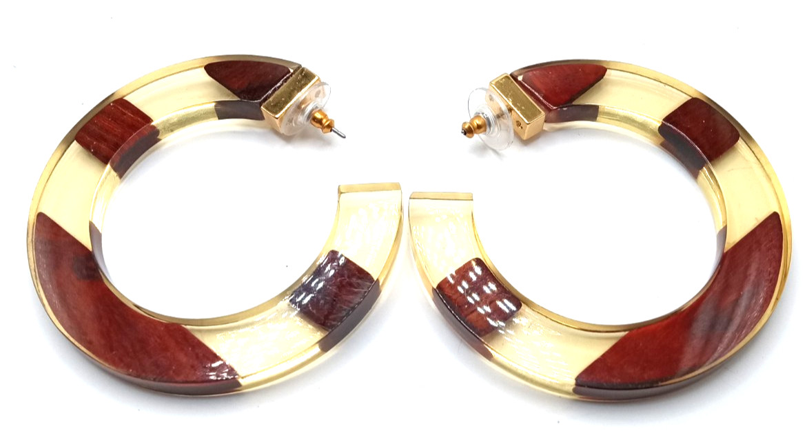 Vtg Boho Wood & Half Wood Lucite Bangle Bracelets w Lg Wood Lucite Hoop Earrings