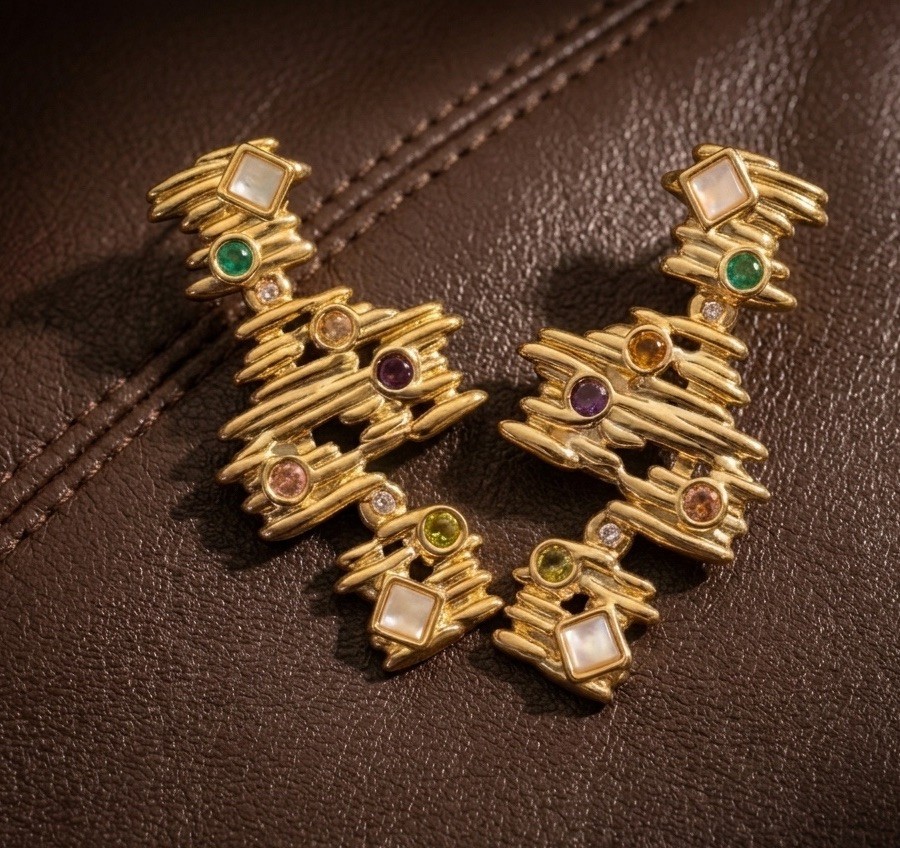 Art Deco Geometric Earrings Monet Abstract Gold CZ VTG 80a Boho Retro Statement