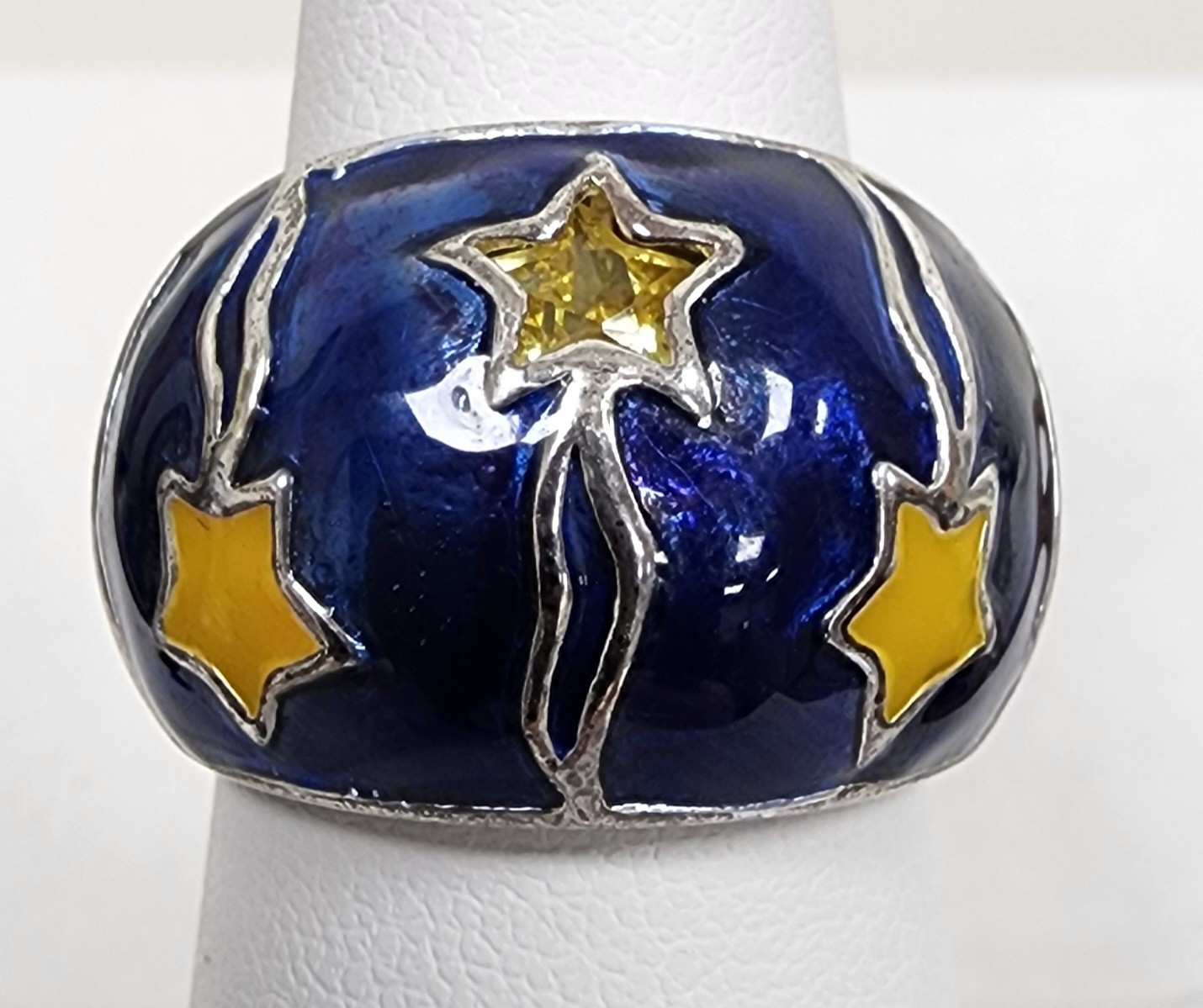 Designer LJ Sterling Silver Blue Enamel Falling Stars & Yellow Star CZ Ring Sz 7