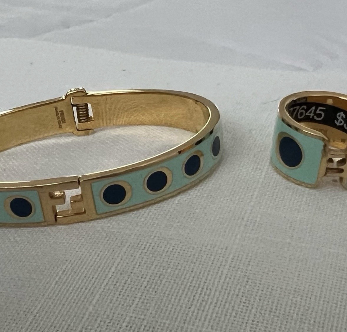 Fendi Blue Enamel Gold Tone Band Ring Size and bangle M. Made in Italy