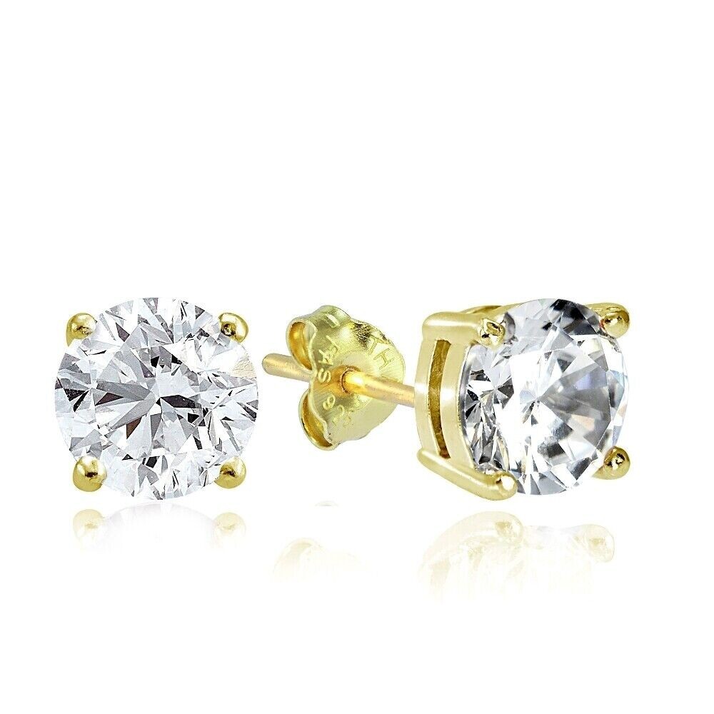 Pretty New Yellow Gold Filled 4 Prong Set 8MM Clear White Round CZ Stud Earrings