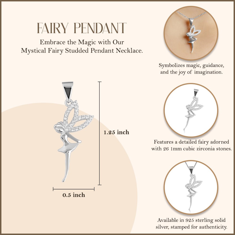 .925 Sterling Silver Mystical Fairy CZ Studded Pendant Necklace