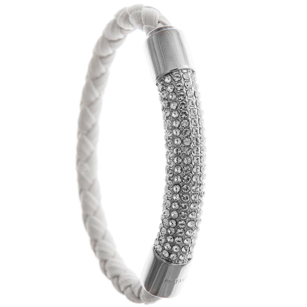 18K White Gold Plated Bracelet w/ White Corded Band & Crystals by Matashi