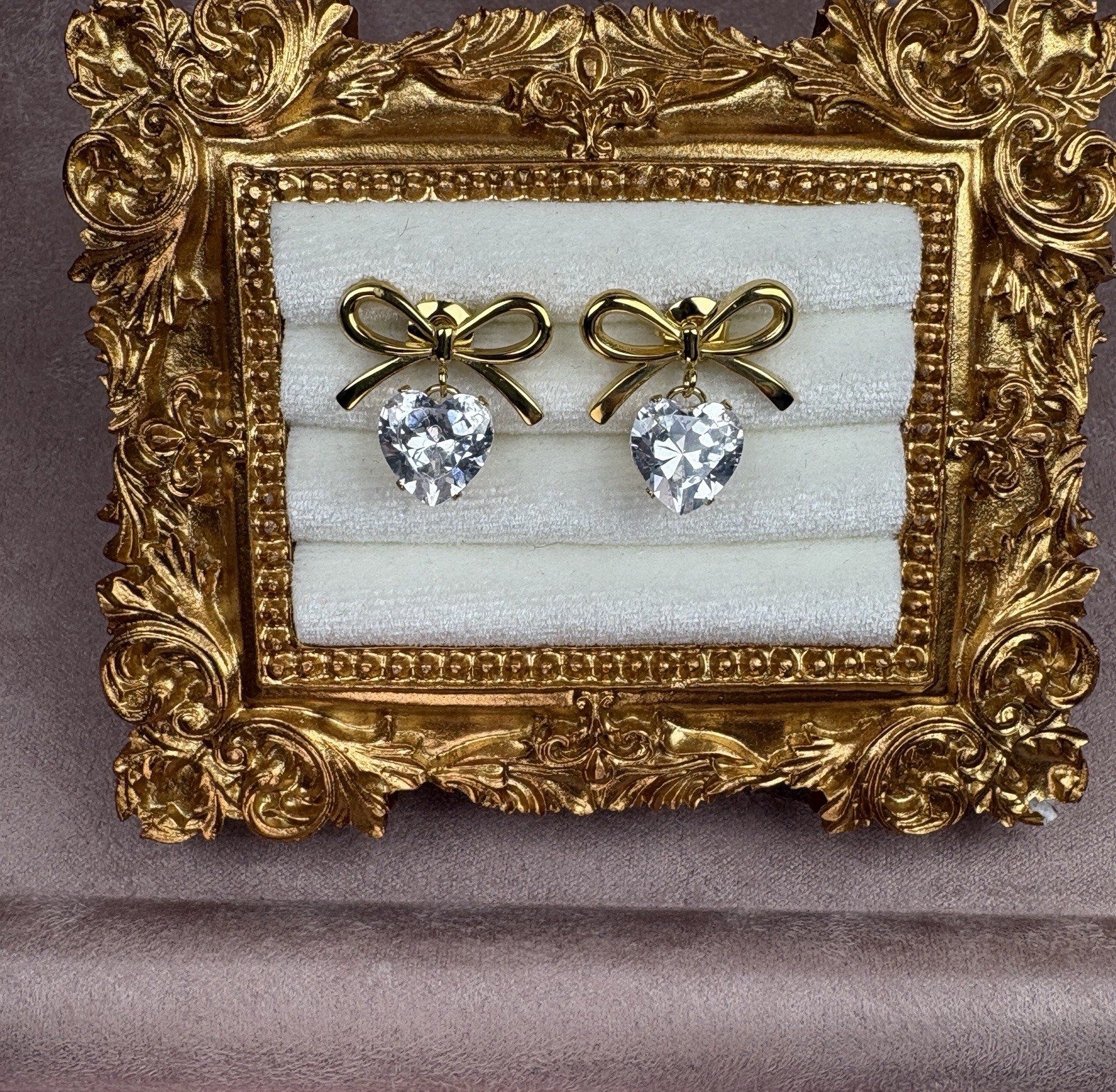 Gold Tone Bow Heart Pendant Jewelry Set Necklace Earrings Imitation Pearl CZ
