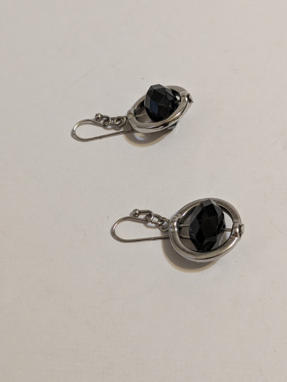 Silver Tone Hook Dangle Open Circle With Black Faceted Acrylic Bead Earrings. 1″