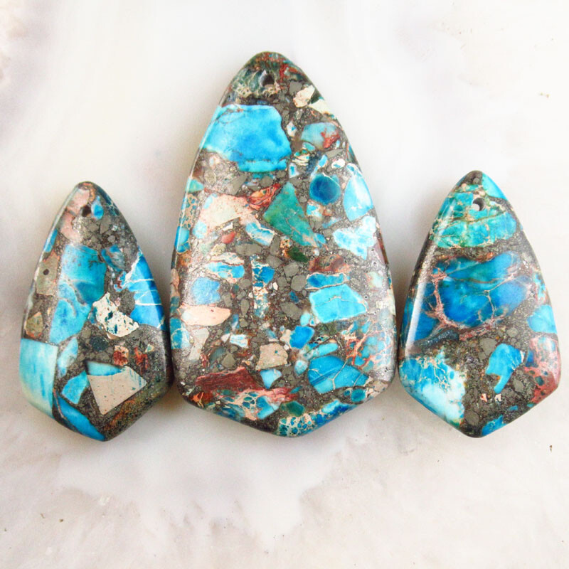 3Pcs Sky Blue Sea Sediment Jasper & Pyrite Arrow Pendant Bead HA-81DHS