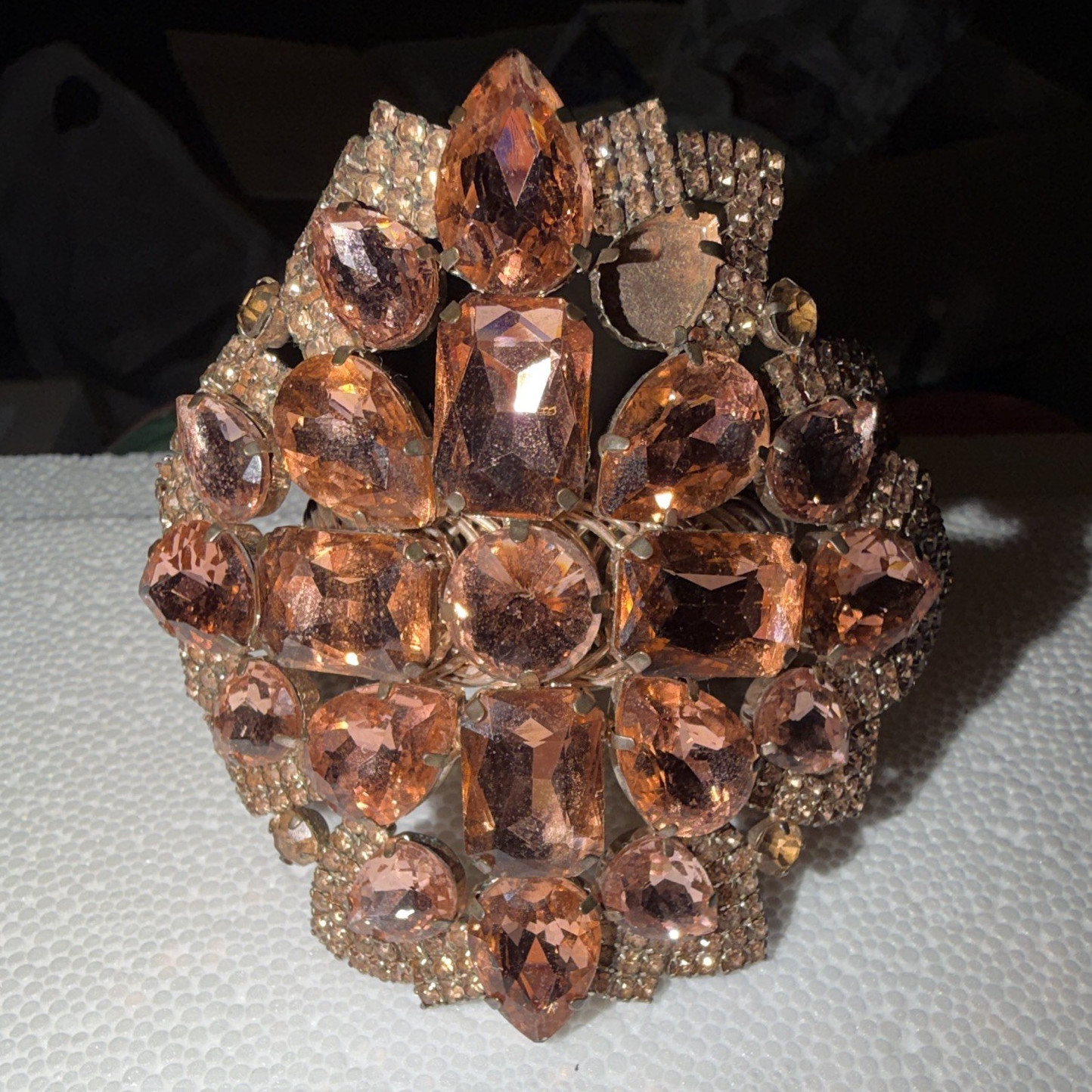 Pink Crystal Rhinestone Floral Cluster Statement Cuff Bracelet Gold Tone