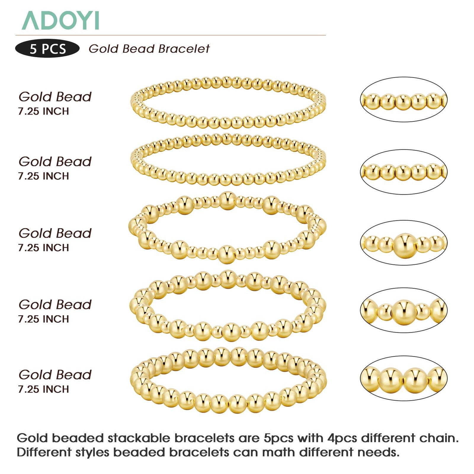 14K Gold Plated Beaded Stretch Bracelets Set for Women – Adjustable Jewelry