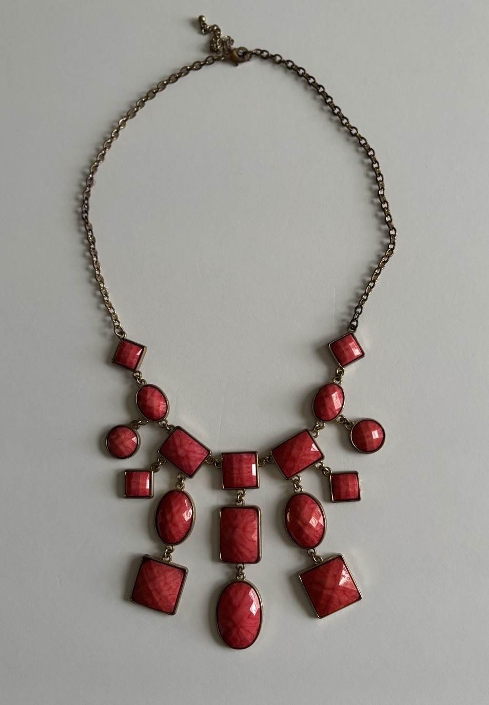 Square And Oval Shapes,Faceted Coral Beads Gold Tone 22in