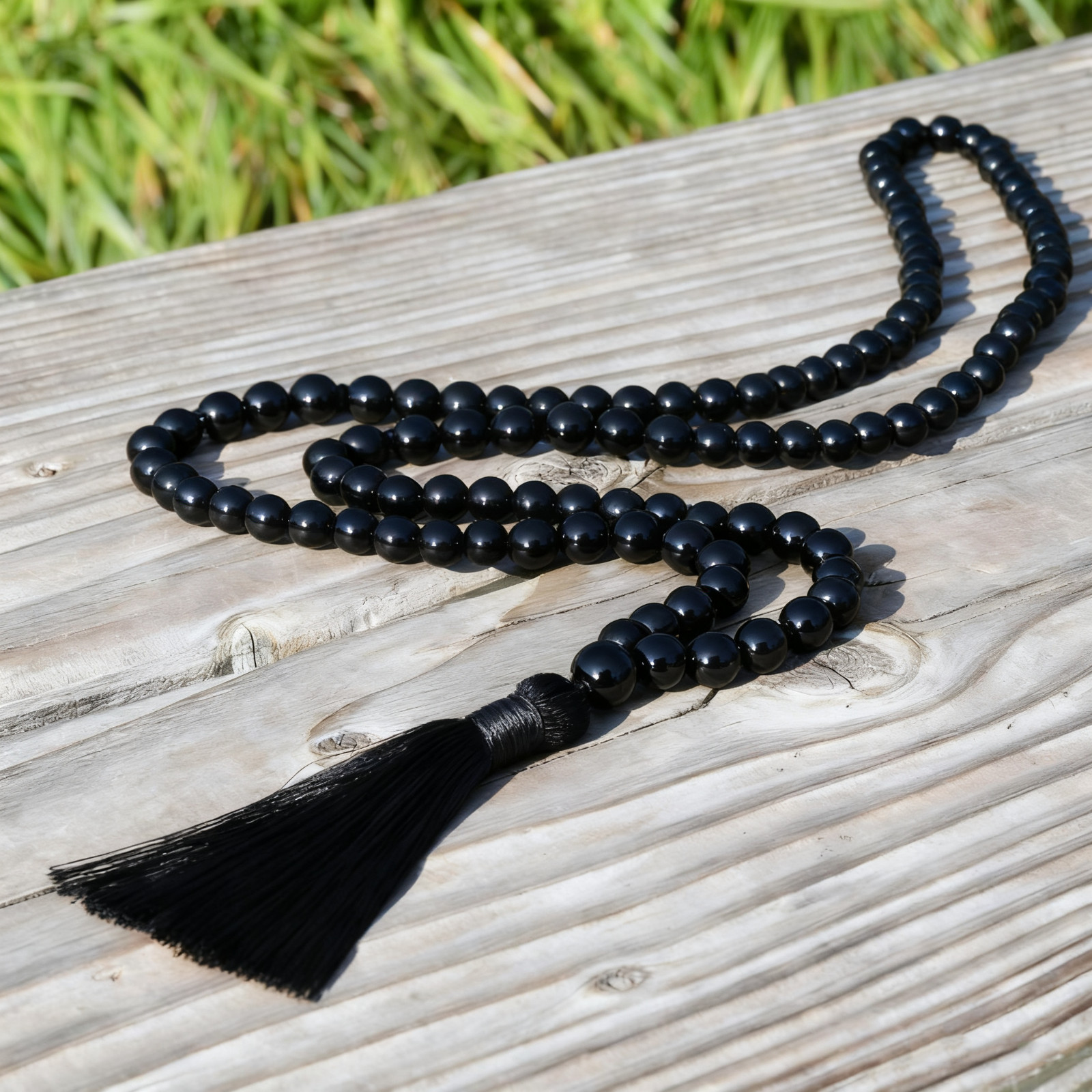 108 Mala Black Obsidian Tassel Knot Gemstone Healing Meditation Prayer Bracelet