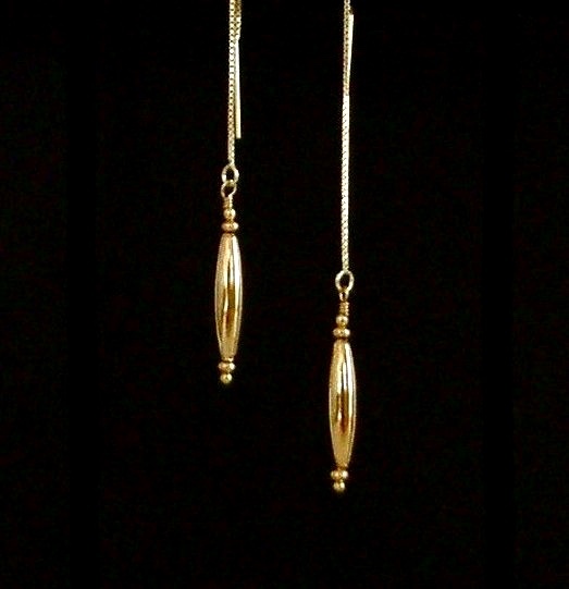 “IAJ” 14k GOLD VERMEIL Ear Threads Threader Earrings w/GOLD gp LONG OVAL DANGLE