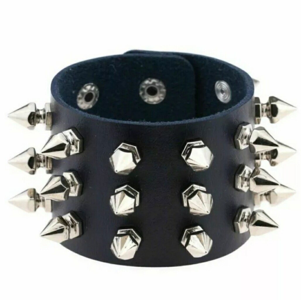 Unisex Black Metal Spike Studded Punk Rock Biker Wide Strap Leather Bracelet USA