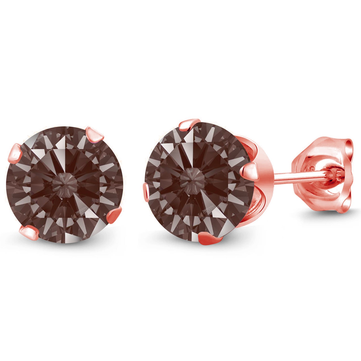 18K Rose Gold Plated Silver Stud Earrings Set with Round Fancy Brown Zirconia