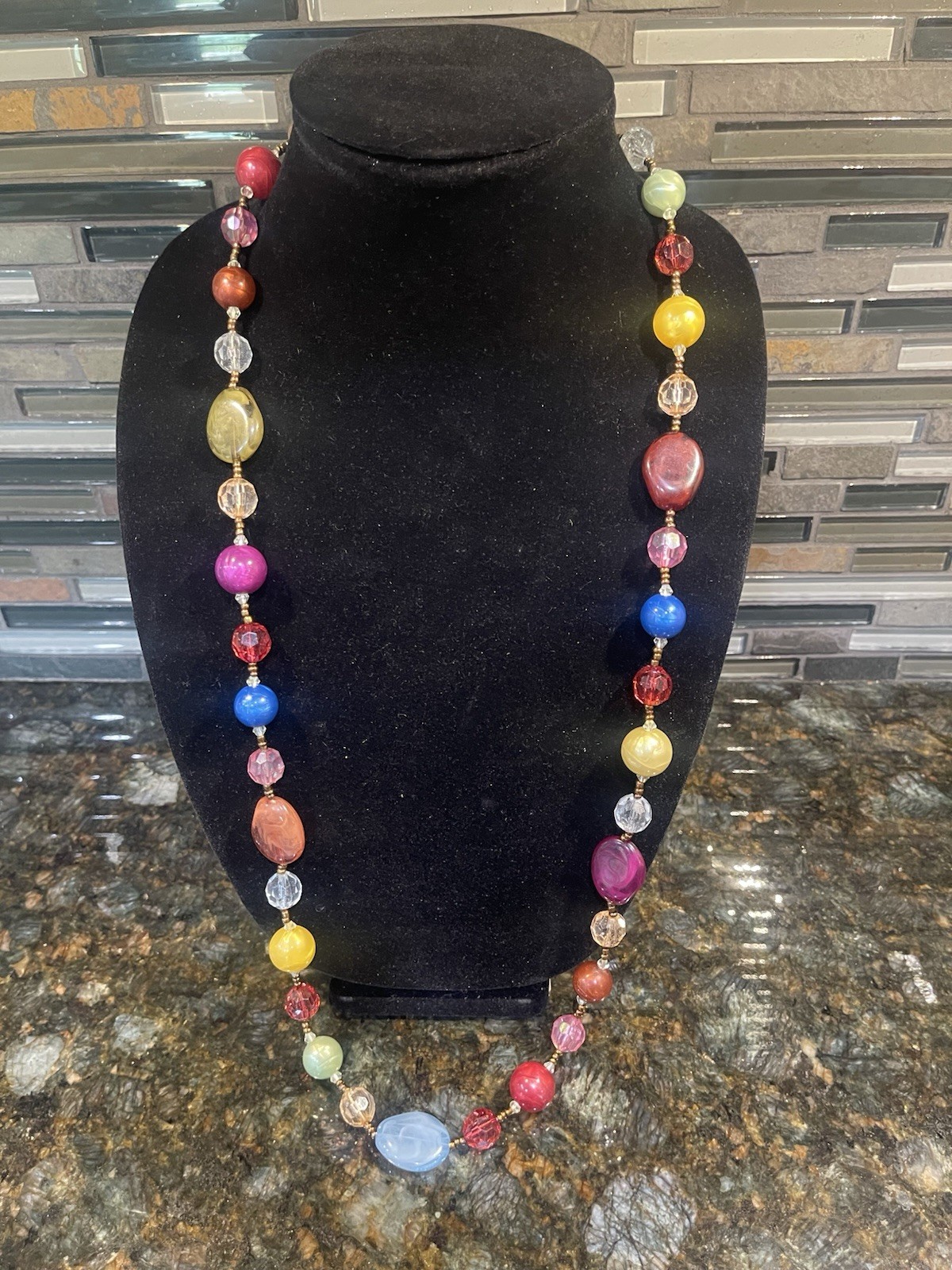 Colorful Multi-Color Beaded Statement Necklace Gold Tone Artisan Boho Chunky 22”