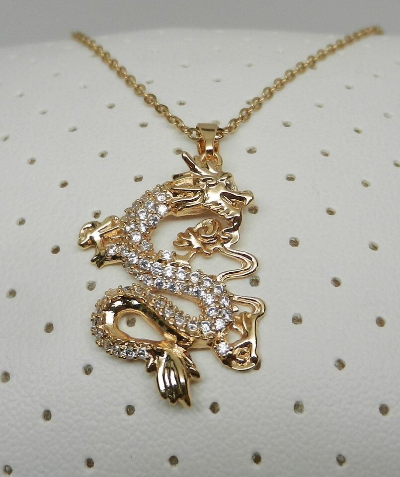 Chinese Lunar New Year Gold Tone With Faux Diamonds Dragon Pendant 18″ Necklace