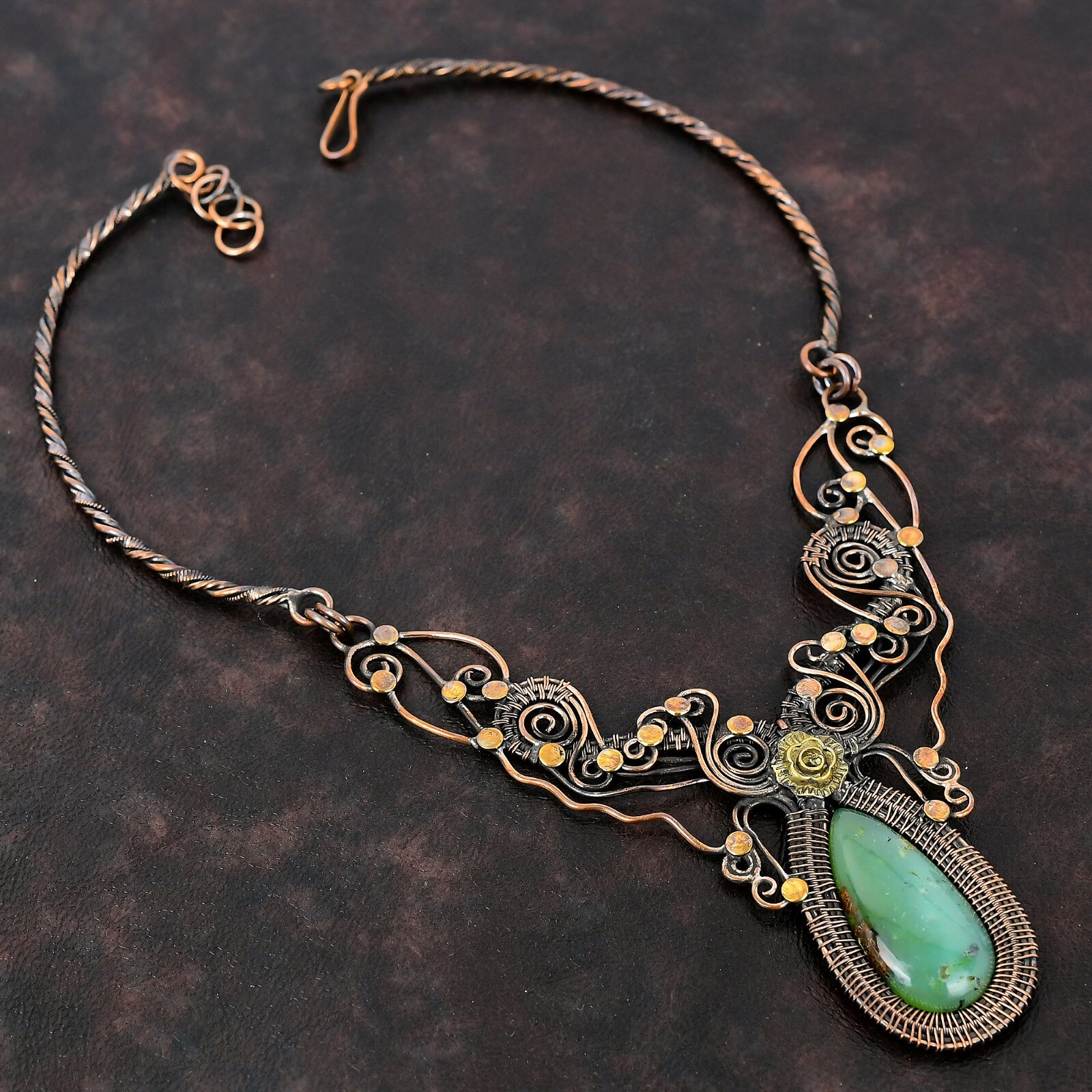 Chrysoprase Wire Wrapped Flower Chain Adjustable Necklace Copper For Women 18.0″