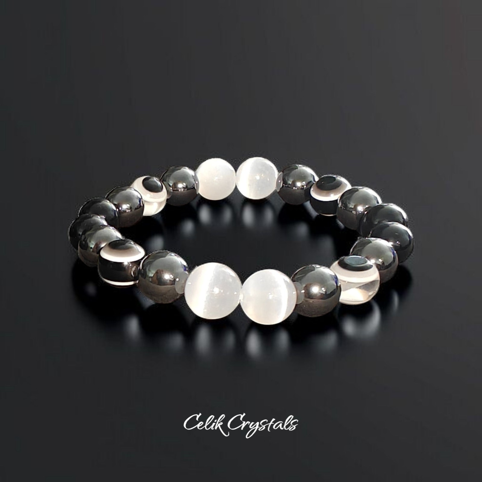 Black Tourmaline Selenite Hematite Evil Eye Bracelet 10mm Natural Stones Unisex