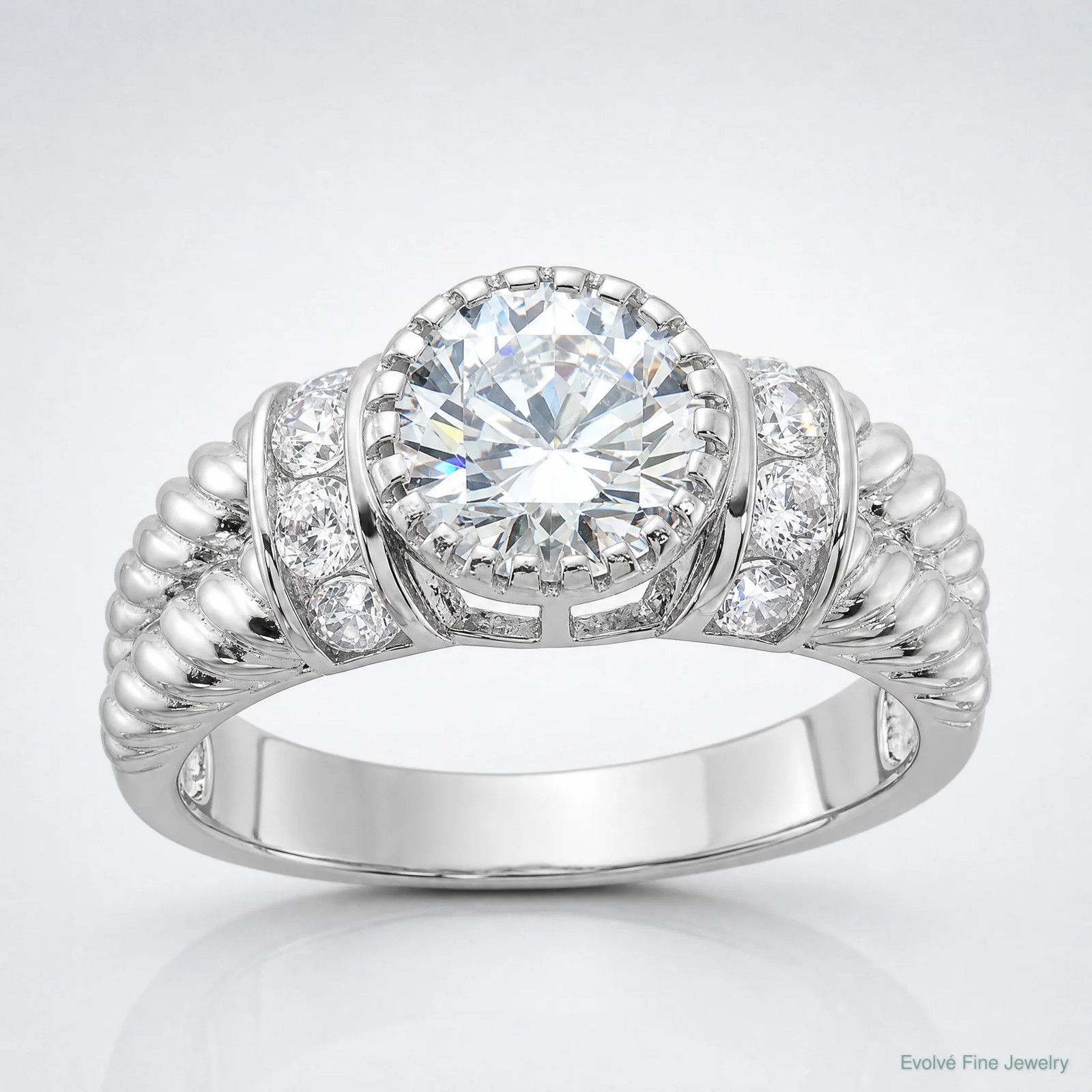 Sterling Silver Rhodium-Plated CZ Rope Design Ring