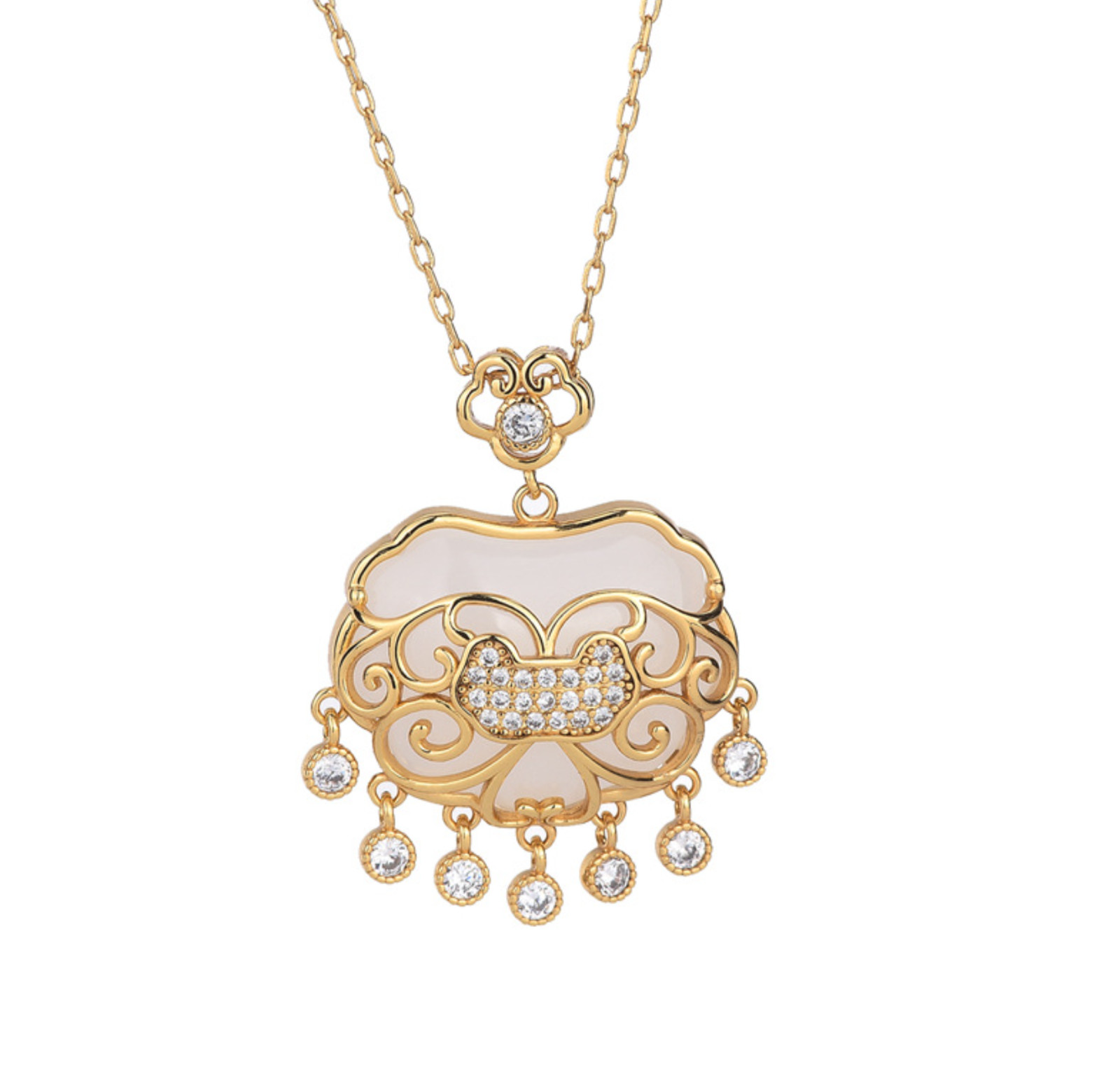Jade Crystal Pendant Necklace Charm 18K Gold Plated Luck Lock Dainty Gemstone