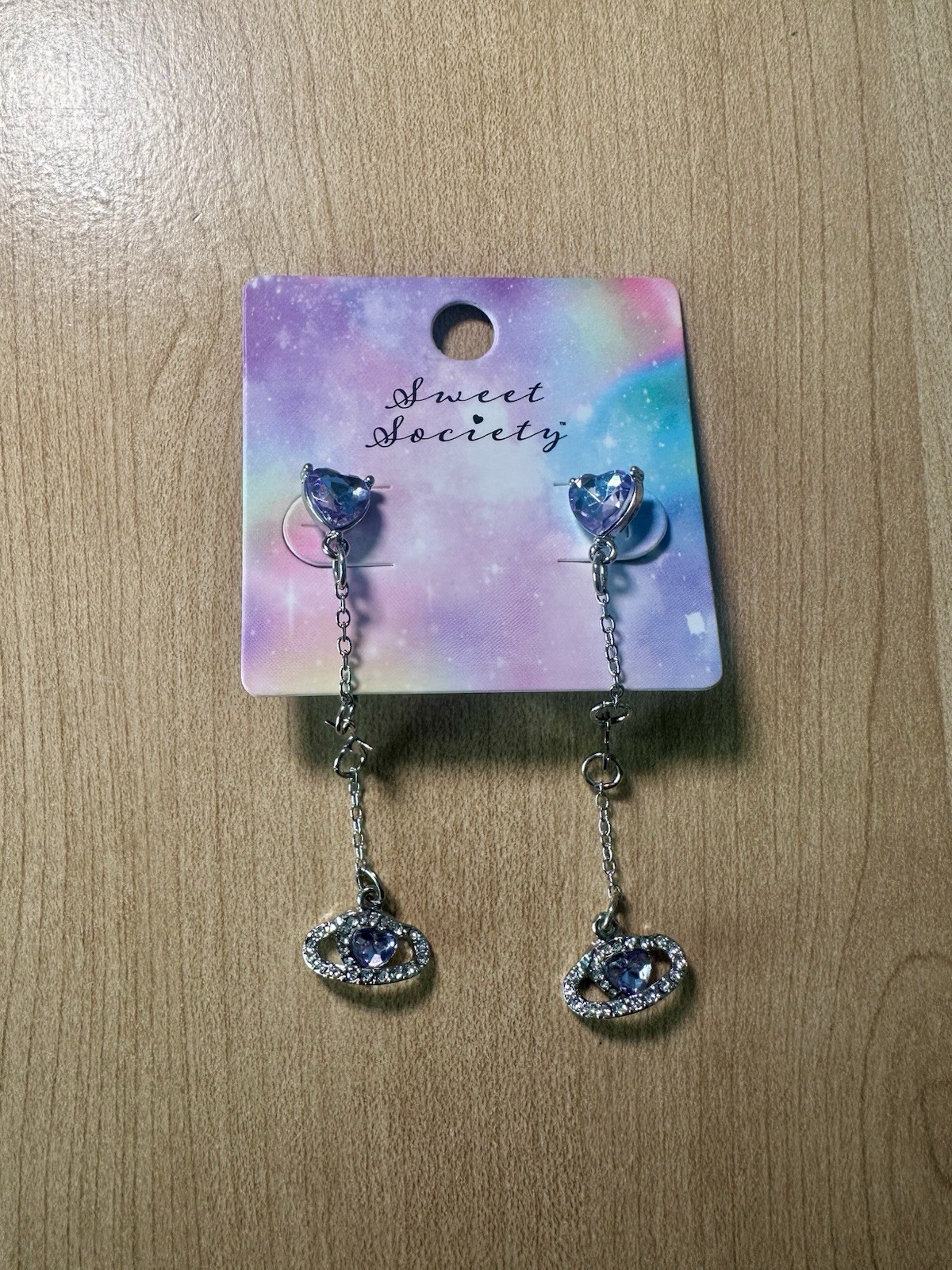 Sweet Society Planet Dangle Earrings Purple Silver Heart Y2K NEW Hot Topic