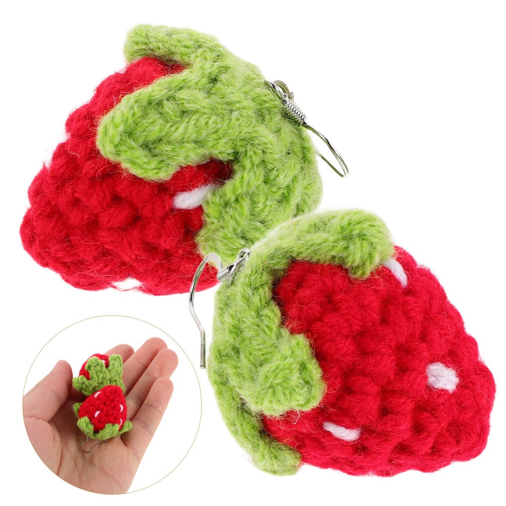1 Pair Durable Strawberry Earrings Lightweight Red Yarn Japanese Kawaii Style