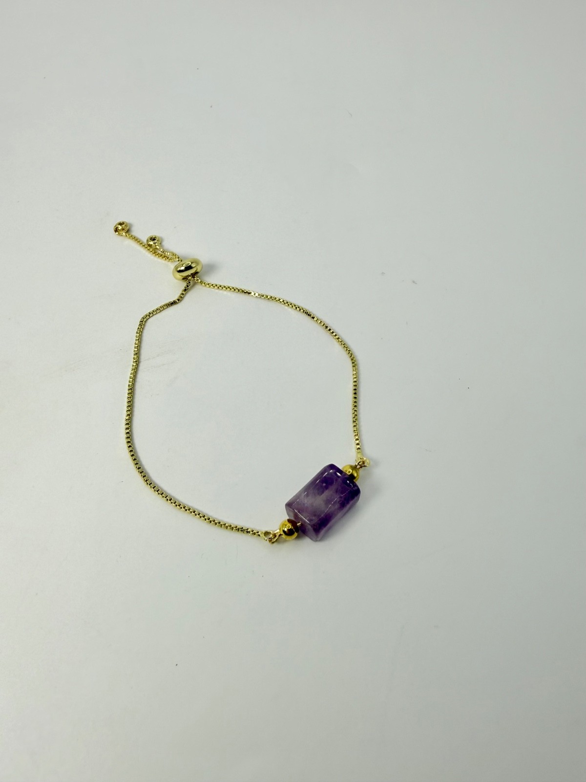 Adjustable Natural Stone Amethyst Cylinder Pendant Bracelet Copper Gold Plated