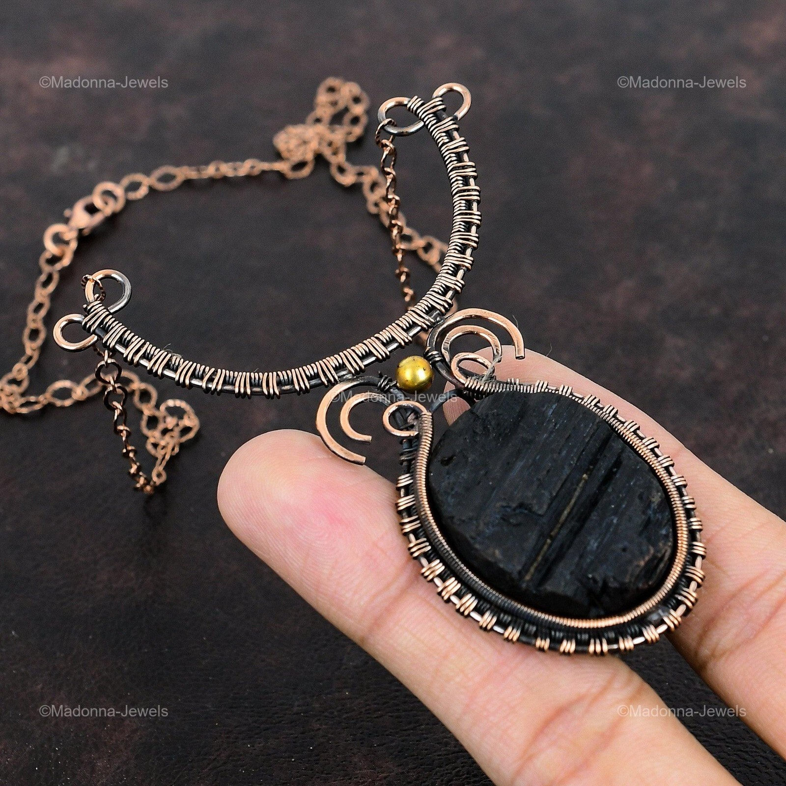 Copper Black Tourmaline Rough Gemstone Chain Anniversary Wire Wrapped Necklace
