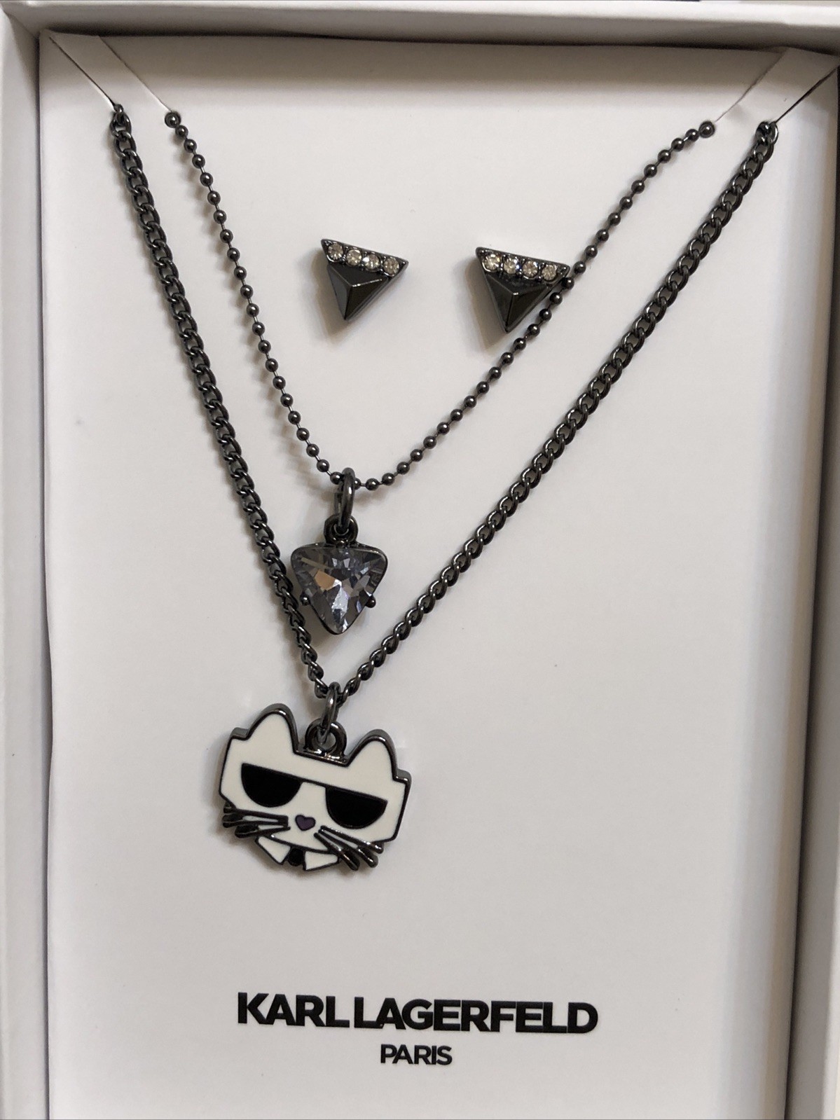 Karl Lagerfeld Paris Choupette Layered Pendant Necklace & Stud Earring Set NIB