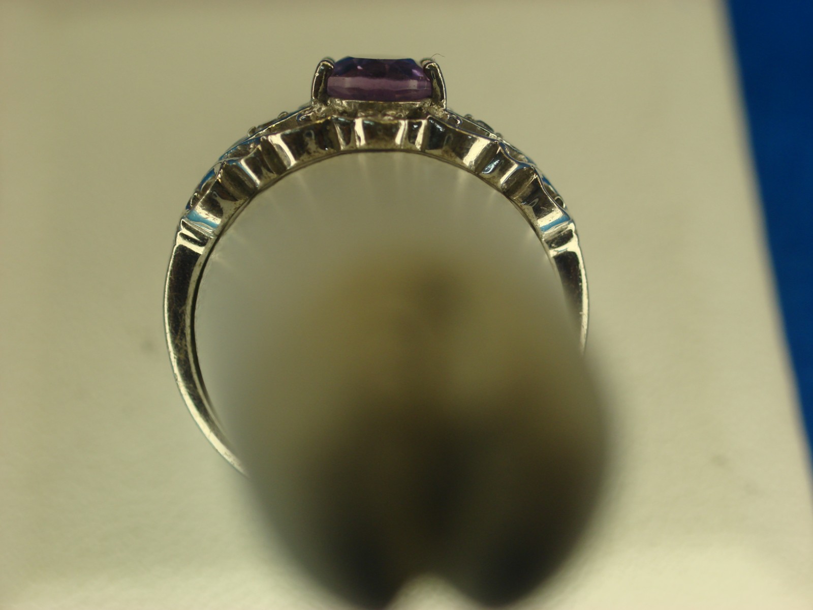 FILIGREE STERLING SILVER RING WITH 6X8 MM AMETHYST & SIM. DIAMONDS