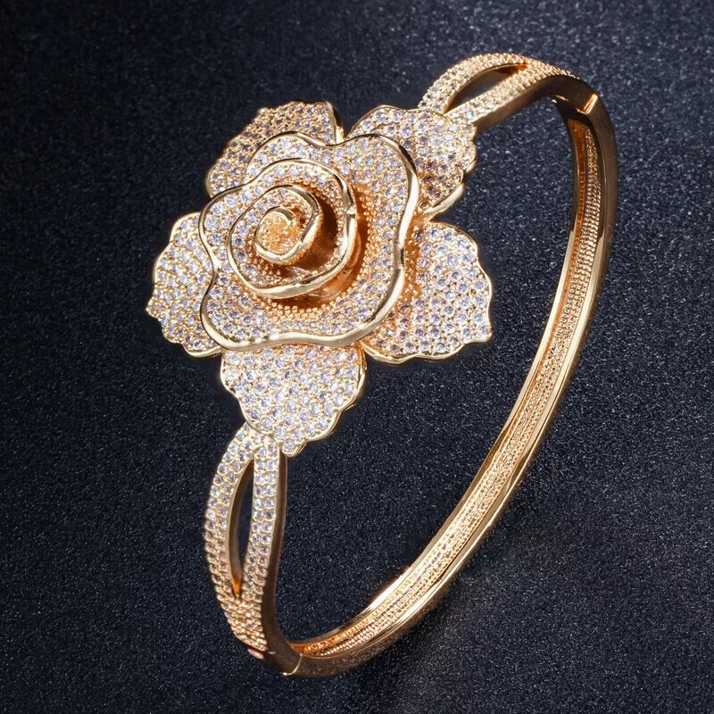 4.74 Ct Round Cut Simulated Diamond Rose Bangle Bracelet 14K Yellow Gold Plated