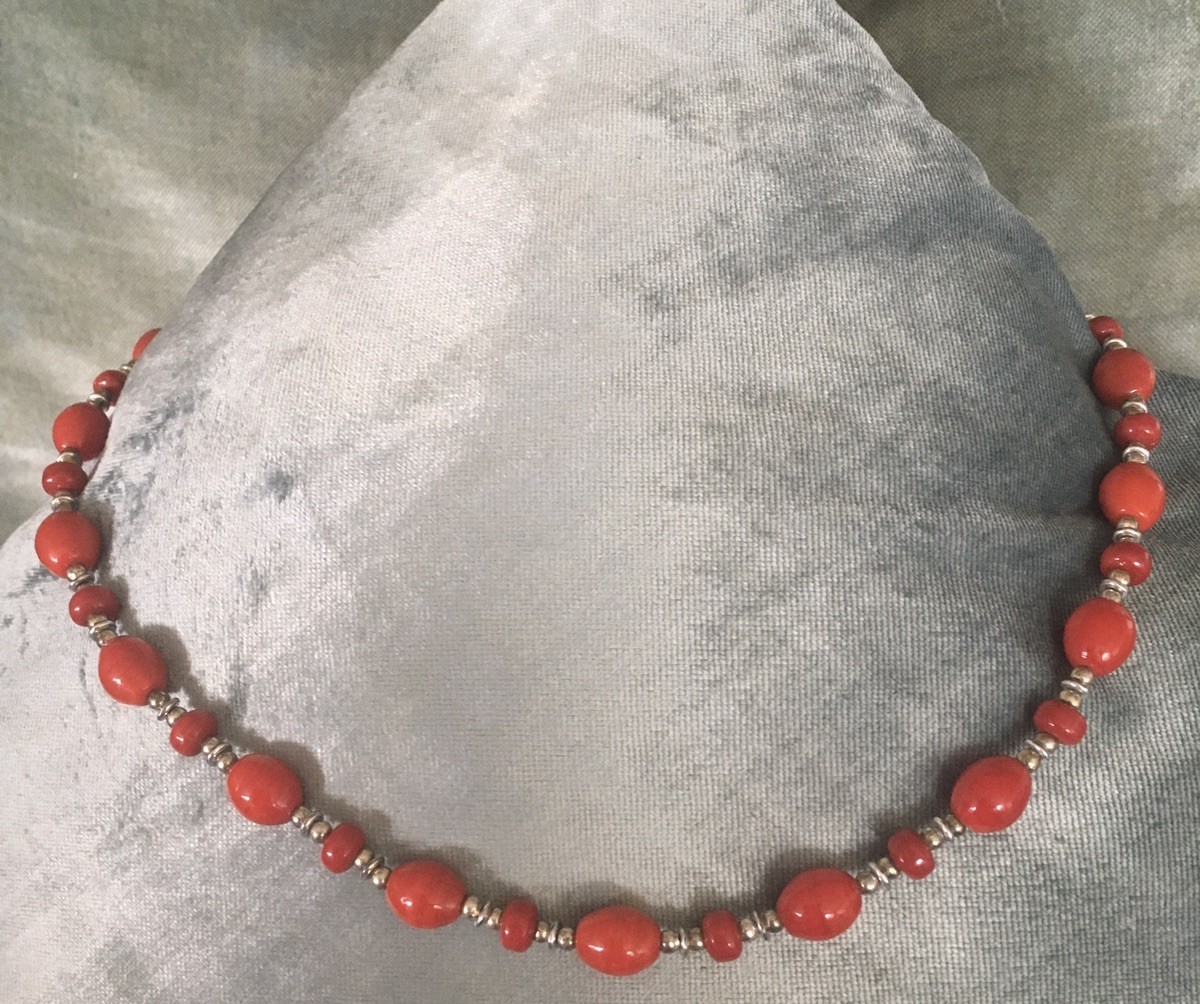 Red & Silver Bead Bohemian Necklace Length 20 Inches/51 cm