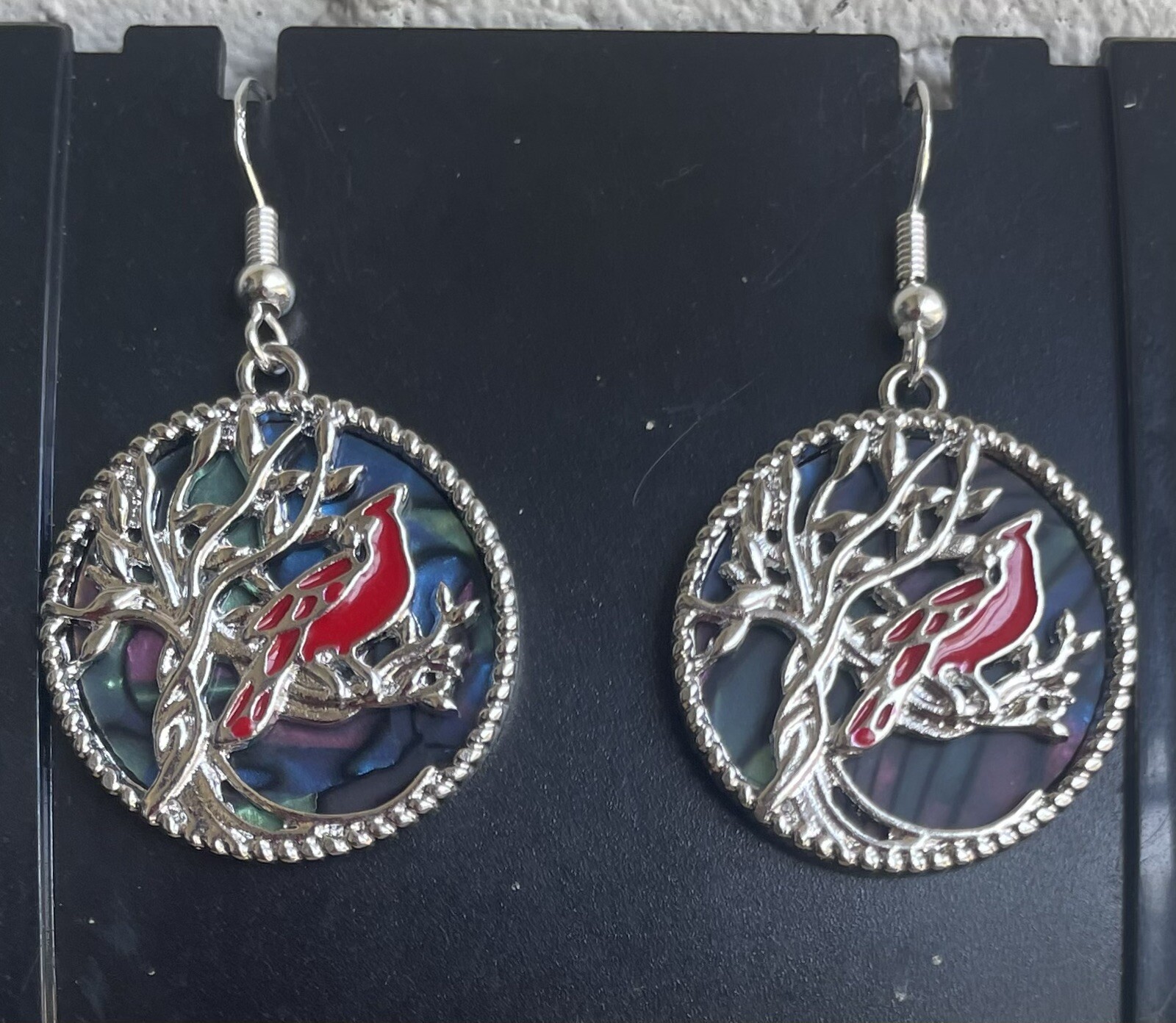 Red Cardinal Round Earrings Memorial Angels Near Sterling Silver 925 Ear Hooks