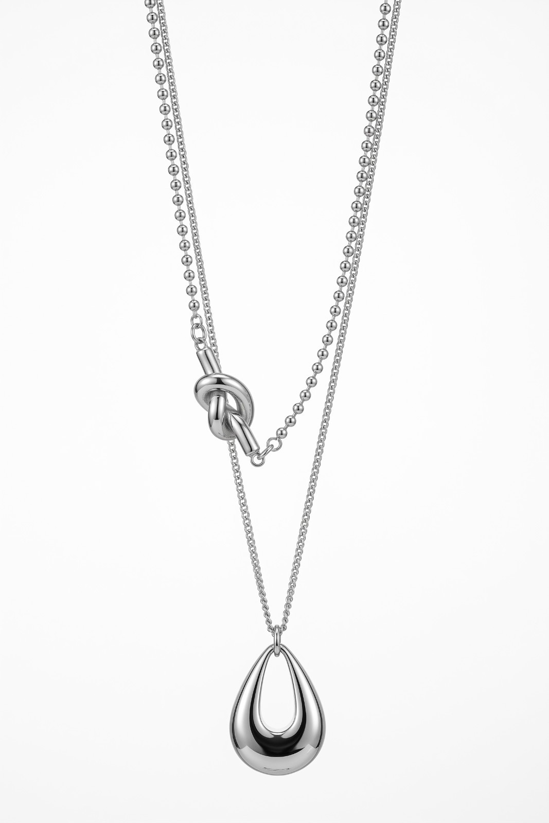 Stainless Steel 18K White Gold Plated Double Layer Knot Teardrop Pendant Chain