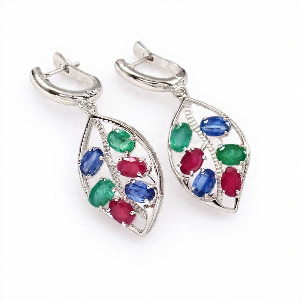Multi Gemstone Leaf Drop Earrings Natural Kyanite Ruby Emerald 925 Silver